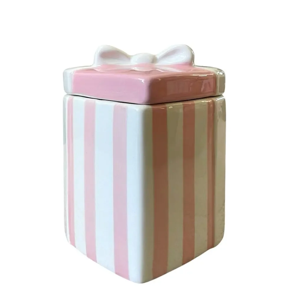 Lang Hand Painted Pink & White Heart Shaped Canister Jar with Bow Lid New